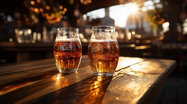 Foto copos de cerveja numa mesa de madeira