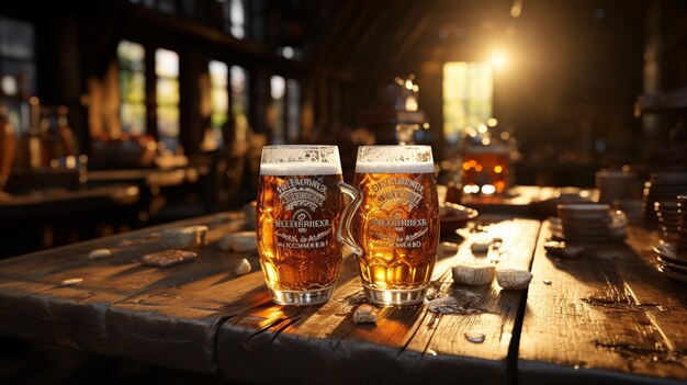 Copos de cerveja numa mesa de madeira