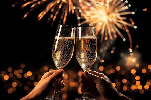 Foto copos de champanhe bebendo vinho com fogos de artifício ou luzes bokeh de fundo na celebração da noite de ano novo