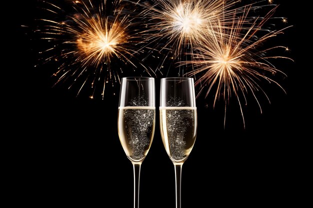 Copos de champanhe bebendo vinho com fogos de artifício ou luzes bokeh de fundo na celebração da noite de ano novo