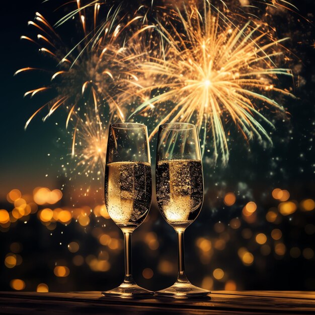 Foto copos de champanhe bebendo vinho com fogos de artifício ou luzes bokeh em fundo na celebração da noite de ano novo