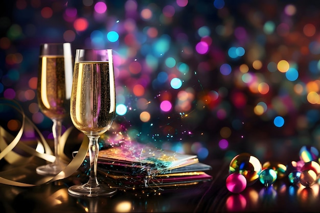 Copos de champanhe com confete dourado e efeito bokeh colorido no fundo diversão e festividades de Ano Novo