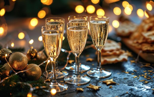 Foto copos de champanhe e lanches de festa contra um fundo festivo