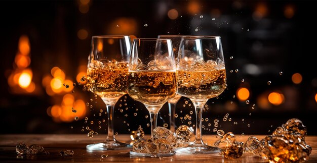 Copos de champanhe ou vinho espumante em uma atmosfera festiva Feliz Natal e Feliz Ano Novo Imagem gerada pela IA