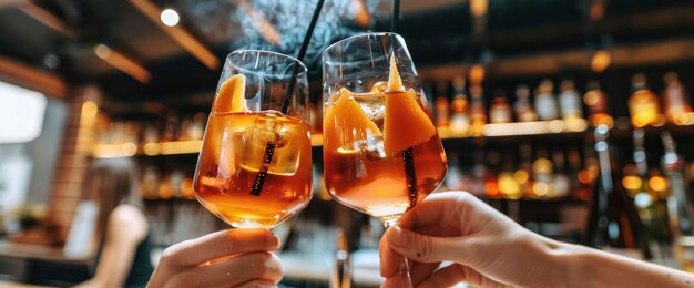 Foto copos de coquetel aperol spritz nas mãos de um casal brindando com palha de fumo preta