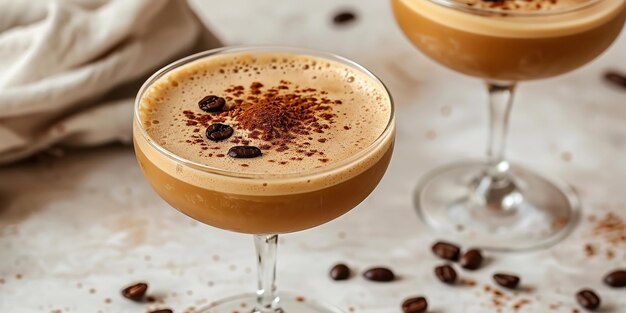 Foto copos de coquetel cheios de chocolate com um espresso martini descongelado sobre um mármore cinza, dois copos adoráveis e espaço.