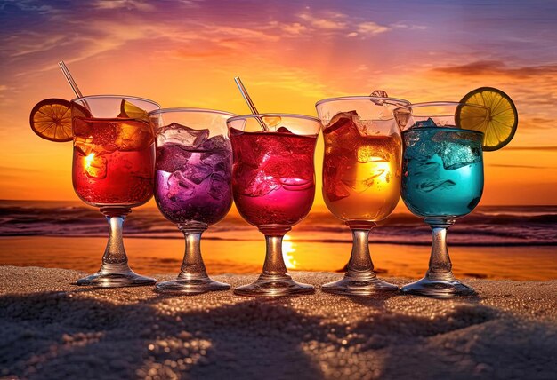copos de licor coloridos com bebidas na praia