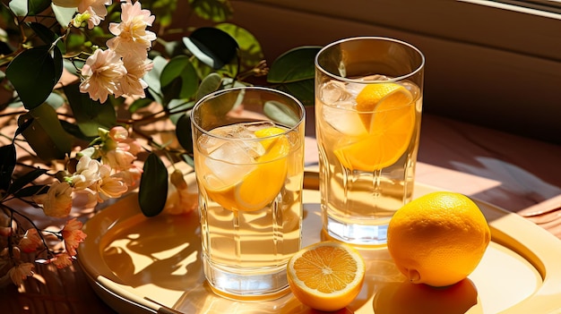 Copos de limonada caseira na mesa, coquetéis refrescantes, dia ensolarado, gerado por IA