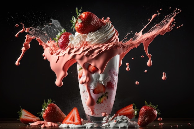 Copos de milkshakes com morango chocolate com sorvete em fundo preto AI Generation