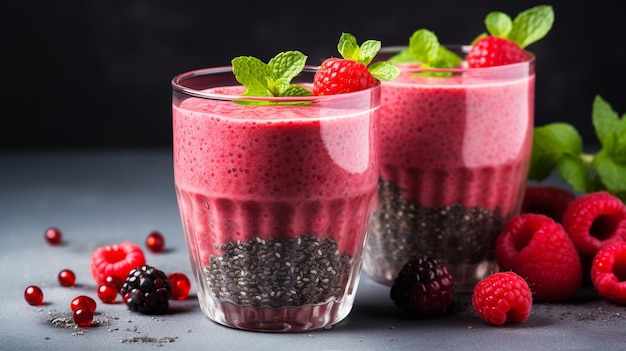 copos de smoothie de morango fresco na mesa cinza