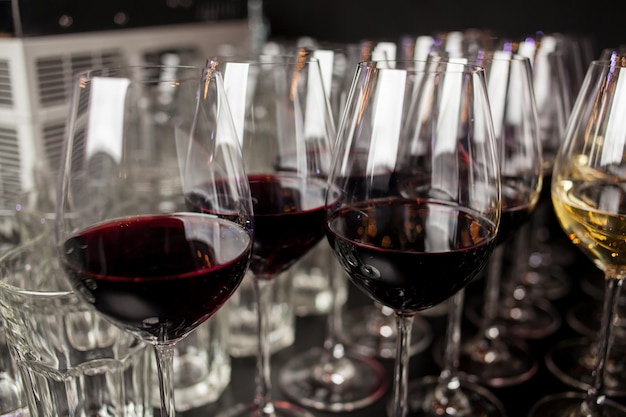 Copos de vinho branco no balcão de bar pequena profundidade de foco Muitos copos de vinho branco e tinto