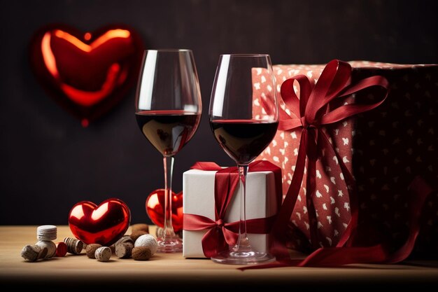 copos de vinho com presentes e um coração