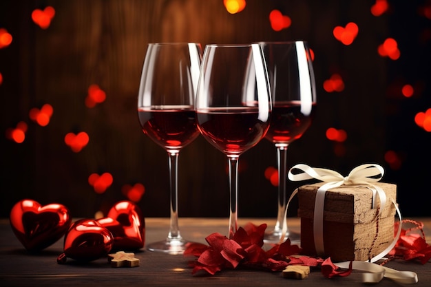 copos de vinho com presentes e um coração