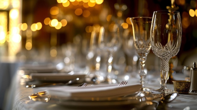 Copos de vinho de cristal em uma mesa lindamente colocada com um fundo desfocado de luzes quentes