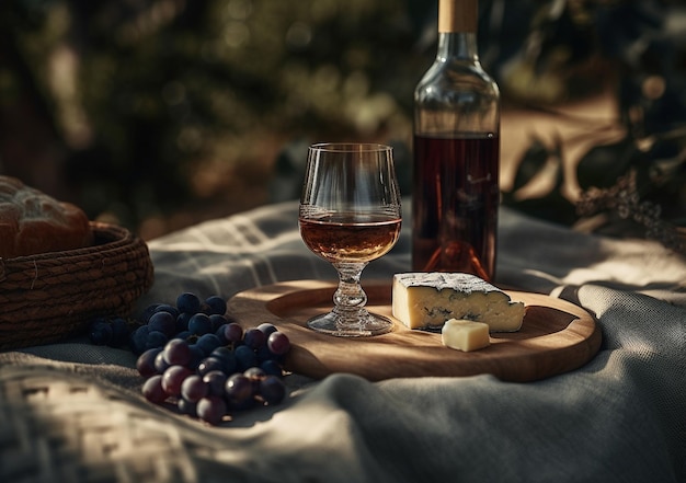 Copos de vinho e um prato de madeira com queijo e nozes servidos ao ar livre ao pôr do sol AI Generated