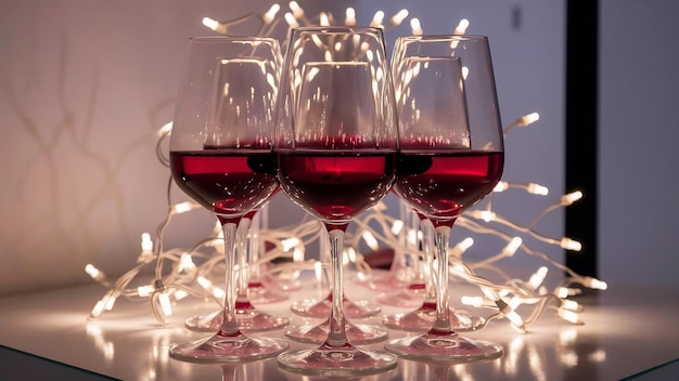 Copos de vinho em frente a pequenas luzes