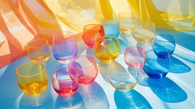 copos de vinho em um fundo colorido Foto de estúdio Estética de festa de clube Closeup