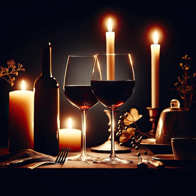 Copos de vinho no fundo de velas acesas Jantar à luz das velas