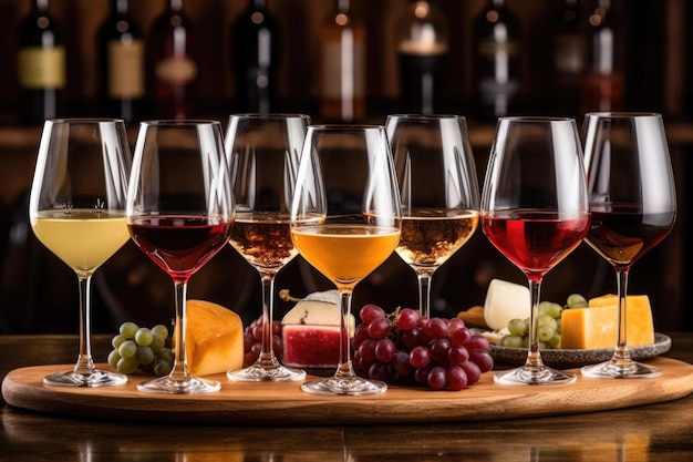 Copos de vinho preenchidos com vários tipos de vinho em fila criados com ai gerativa