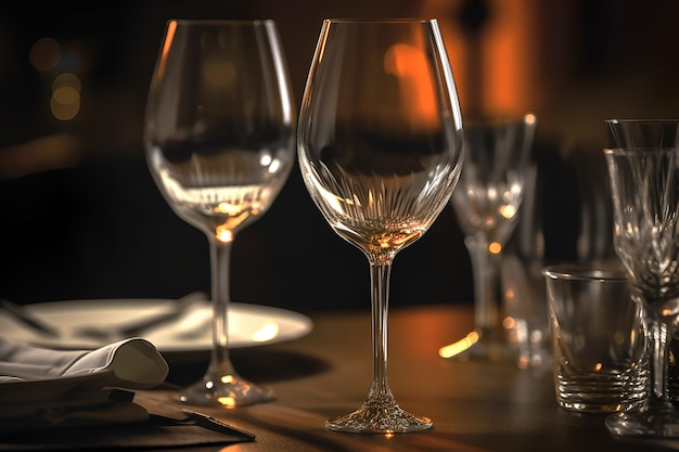 Copos de vinho transparentes vazios em uma mesa em fundo escuro gerado por IA