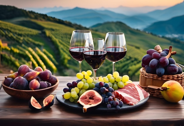 Copos de vinho vermelho prosciutto jamon piquenique na mesa contra o fundo da montanha