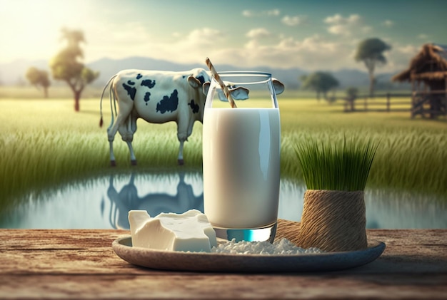 Copos e leite fresco em uma mesa de madeira com vacas em um prado generative AI