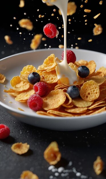 Foto de copos de maíz y crema caen en un cuenco