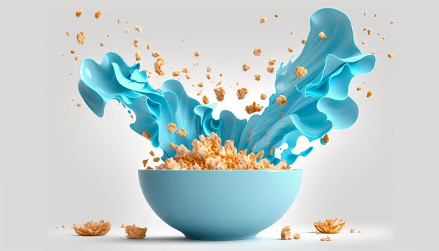 Copos de maíz en tazón azul Cereales para el desayuno con leche salpicada aislada sobre fondo blanco Generativo ai