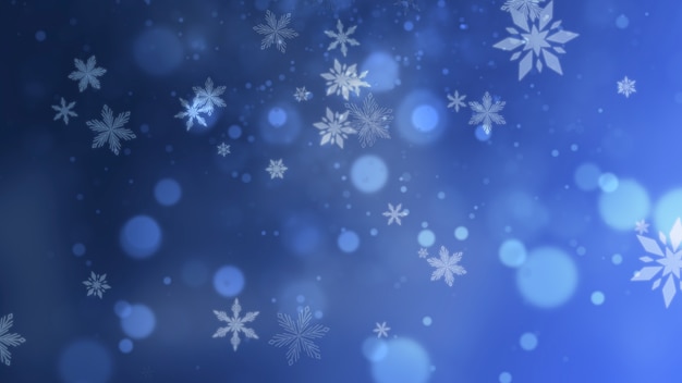 Copos de nieve azules y partículas de brillo abstracto cayendo sobre fondo brillante. Ilustración 3D de estilo dinámico elegante y lujoso para vacaciones de invierno