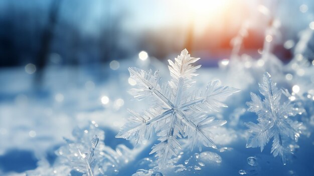 Foto los copos de nieve de cristal con la luz del sol
