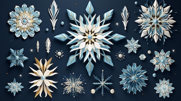 Copos de nieve y destellos Elemento de diseño invernal brillante en IA generativa estilo Papercut