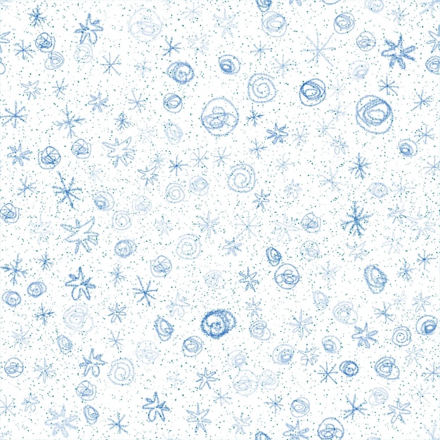 Copos de nieve dibujados a mano Navidad de patrones sin fisuras. Copos de nieve voladores sutiles sobre fondo de copos de nieve de tiza. Atractiva capa de nieve dibujada a mano con tiza. Agradable decoración navideña.
