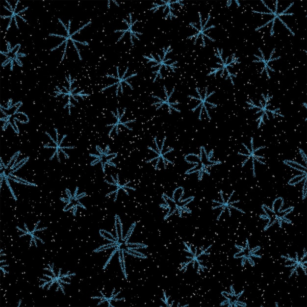 Copos de nieve dibujados a mano Navidad de patrones sin fisuras. Copos de nieve voladores sutiles sobre fondo de copos de nieve de tiza. Increíble superposición de nieve dibujada a mano con tiza. Decoración de temporada navideña fresca.
