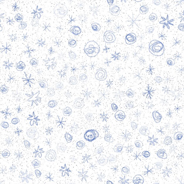 Copos de nieve dibujados a mano Navidad de patrones sin fisuras. Copos de nieve voladores sutiles sobre fondo de copos de nieve de tiza. Superposición de nieve dibujada a mano de tiza seductora. Decoración ideal para las fiestas.
