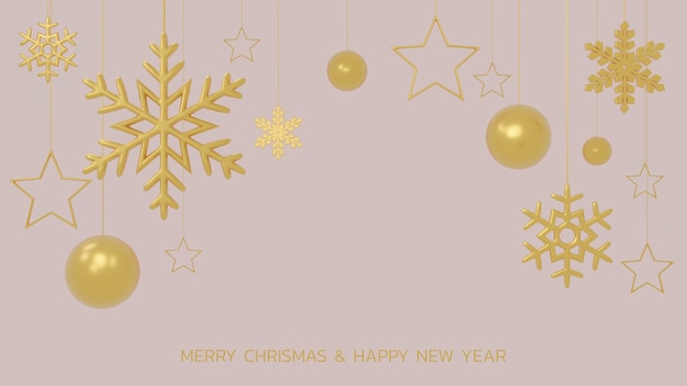 Copos de nieve dorados relucientes, bolas de Navidad y estrellas sobre fondo negro. Representación 3D de adorno de Navidad colgante brillante. Plantilla de portada o banner de año nuevo.