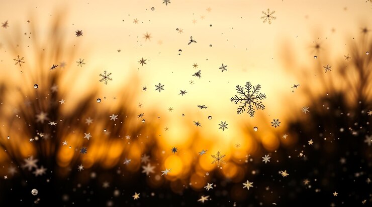copos de nieve en un fondo de puesta de sol