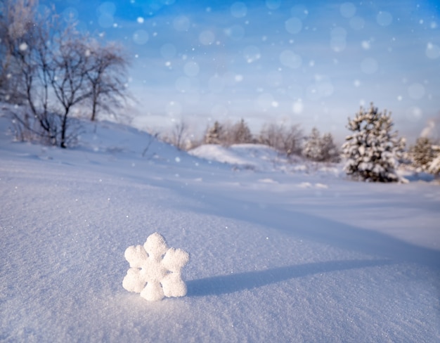 Copos de nieve de Navidad en la nieve blanca en un día soleado de invierno helado