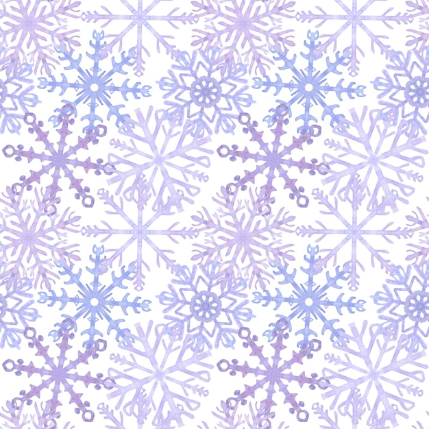 Copos de nieve de patrones sin fisuras cristales de escarcha lila azul Símbolo del clima frío de invierno Año nuevo y tarjeta navideña Ilustración de acuarela dibujada a mano aislada sobre fondo blanco