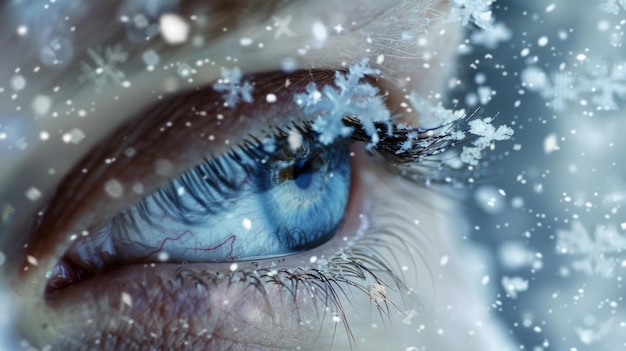 Los copos de nieve que caen lentamente bailan dentro del claro reflejo azul en el ojo