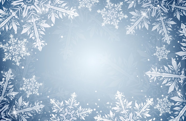 Copos de nieve sobre un fondo azul con espacio de copia. fondo de invierno
