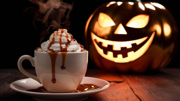 Foto coppa com chocolate quente está diante de brilhante abóbora de halloween