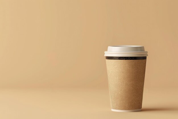Coppa de café de papel para levar cheia de café preto lançando uma sombra suave em uma superfície bege