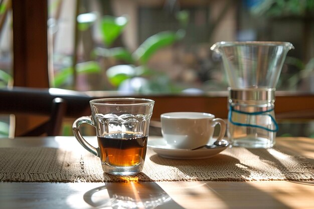 Coppa de café expresso na mesa perto da janela com a manhã