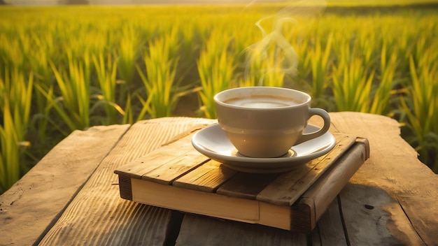 Coppa de café quente em uma velha mesa de madeira com o fundo de um campo de arroz