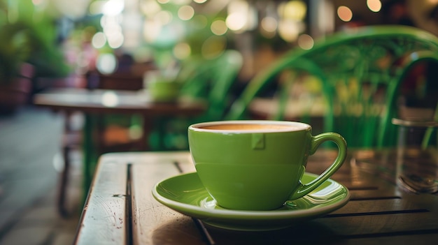 Coppa de café verde em uma mesa de madeira em um café aconchegante