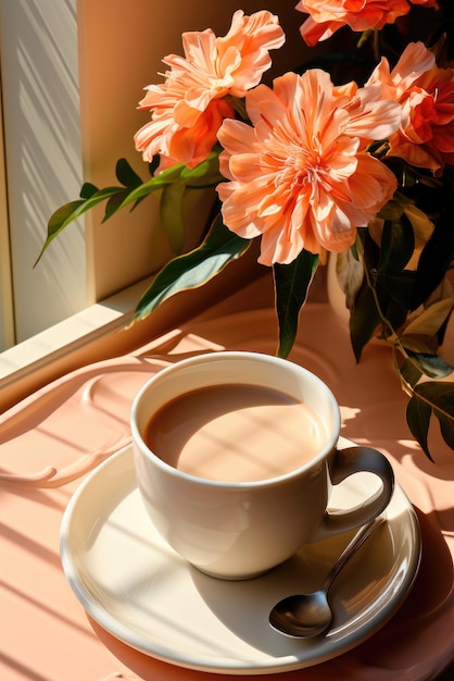 Foto coppa de cappuccino branca em uma mesa perto da janela e flores