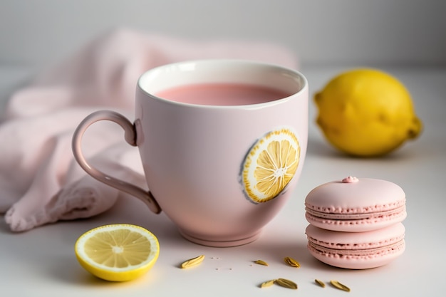 Coppa de chá de limão com macarrão em uma caneca de porcelana rosa em um fundo branco