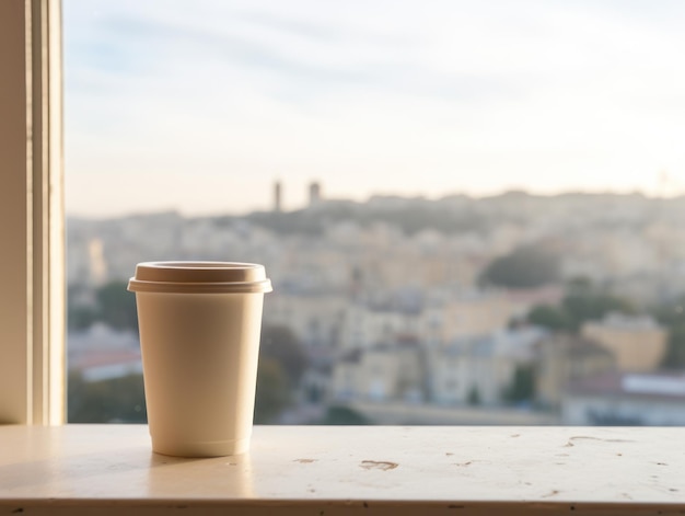 Coppa de papel de delicioso café da manhã perto da janela