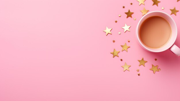 Coppa dourada com estrelas em fundo rosa plana vista superior