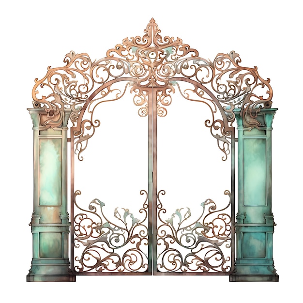 Copper Gate Verdigris Patina Foco na espuma do mar Watercolor Gate Beauty Art em fundo branco